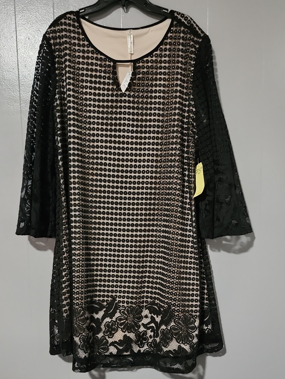 Perseption Black Lace-Overlay Long Sleeve Dress with Beige Lining